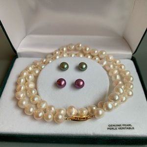 NWOT 2 pair genuine pearl earring 1 necklace set